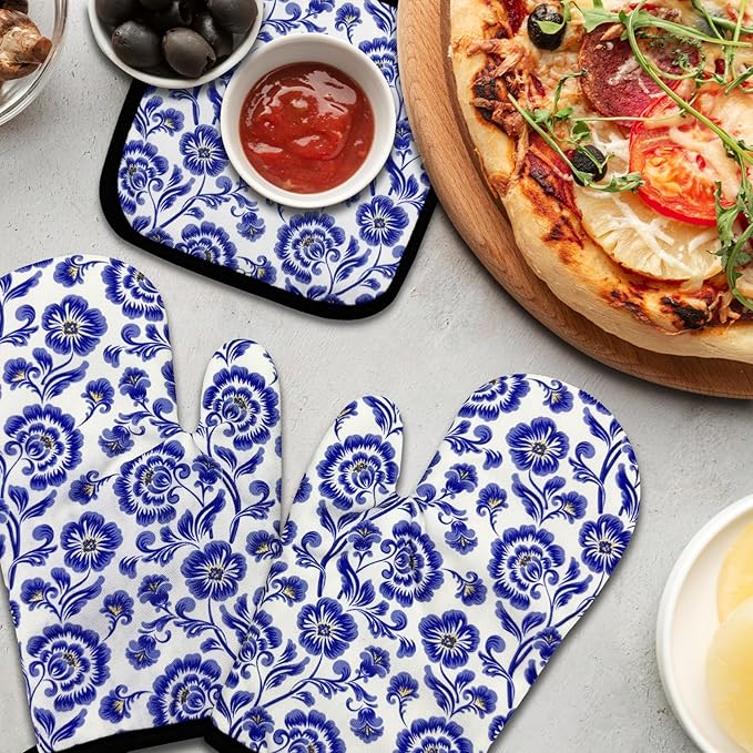 Funny Chinoiserie Floral Oven Mitts and Pot Holders Set of 3, Blue and White Porcelain, Heat Resistant Non-Slip Kitchen Mitts Hot Pads, Kitchen Decor Gifts for Women Baker Chinoiserie Lover