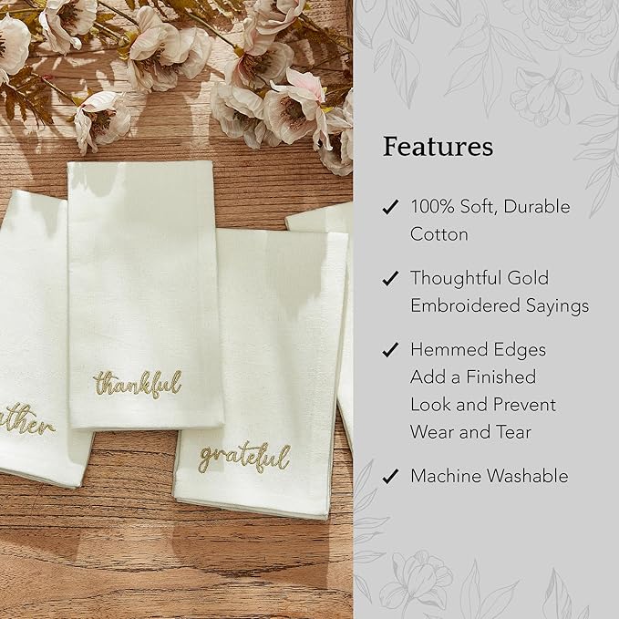 Elrene Home Fashions Harvest Fall Sentiment Embroidered Napkins, Set of 4, 17"x17", Ivory