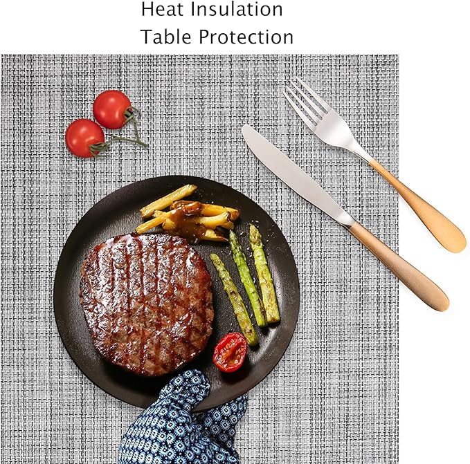 Myir JUN Placemats Set of 8, Vinyl Woven Placemats Place Mats Indoor Set of 8 Washable Table Mats Non-Slip Place mats for Dining Table (Light Gray, Set of 8)