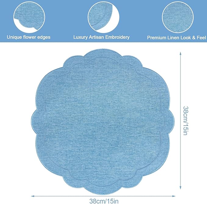 Set of 6 Blue Cotton Linen Placemats 15 Inch Embroidery Scalloped Placemats Pure Floral Table Mats Washable Fabric Table Mats for Wedding Baby Shower Tea Party Festival Spring Holiday Decor