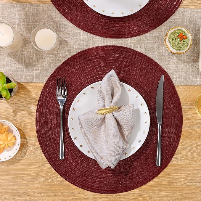 SHACOS Round Placemats Set of 4 for Dining Table 15 inch Round Braided Place Mats Washable Non Slip Kitchen Table Mats, Burgundy