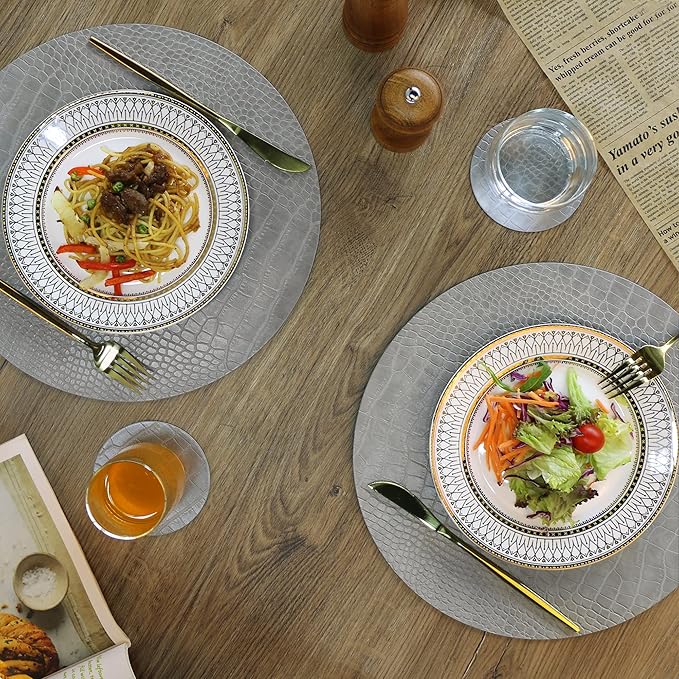 Round Leather Placemats for Round Tables Set of 6, Gray Table Place Mats and Coasters, Washable Easy to Care for Indoor Decor 13" Diameter