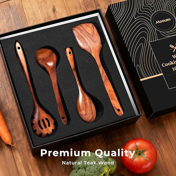 Mooues Wooden Spoons for Cooking, Wooden Utensils for Cooking Natural Teak Wooden Kitchen Utensils Set Comfort Grip(10 PCS SET GIFT BOX)