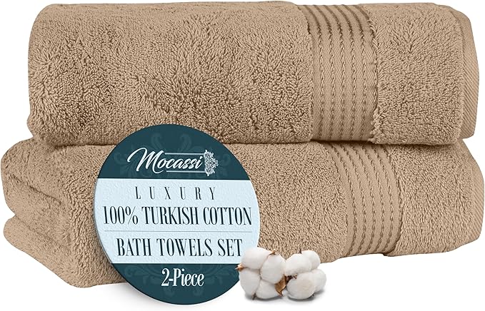 Mocassi Luxury 100% Turkish Cotton 2-Pack Bath Towel Set- Ultra Soft, Quick Dry Highly Absorbent 27 x 54 inch Premium Spa Hotel Quality 2PC Bath Towels - Luxurious Soft Bathroom Towels, Taupe