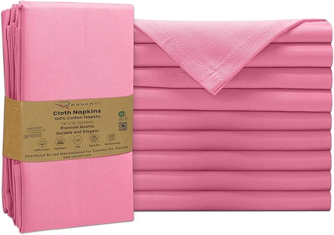 Ruvanti Cloth Napkins Set of 12, 100% Cotton High GSM 18x18 Inches Soft, Washable, Highly Durable & Absorbent, Perfect for Parties, Christmas, Thanksgiving Dinners – Pink Bubblegum