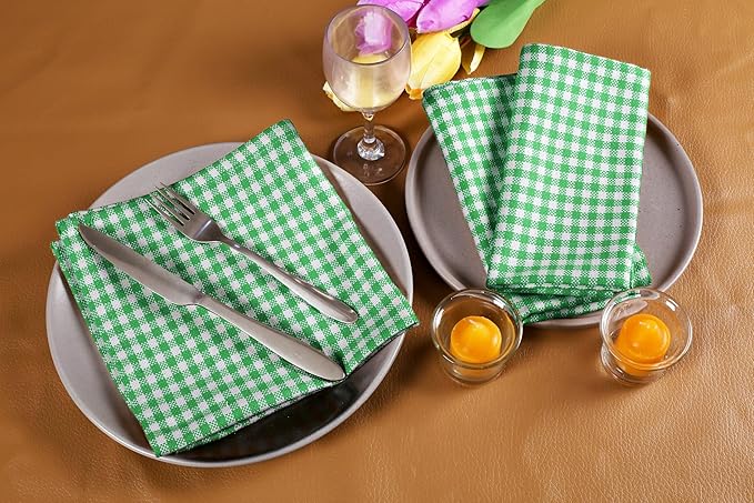 Native Fab Set of 4 Gingham Mini Check Cloth Dinner Napkins 100% Cotton 16x16 inches Soft Comfortable Absorbent Restaurant Hotel Quality - Easy Care Washable Wedding Daily Everyday Use - Green