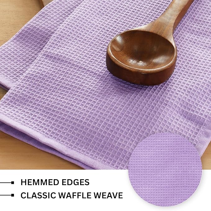 PurpleEssences Waffle Weave Kitchen Towel, 100% Cotton - 15x25 Inches with Hanging Loop, Ultra Soft Absorbent Quick Drying Dish Cloth, Tea and Hand Towels, 6 Pack - Spring Easter Summer - Lavender