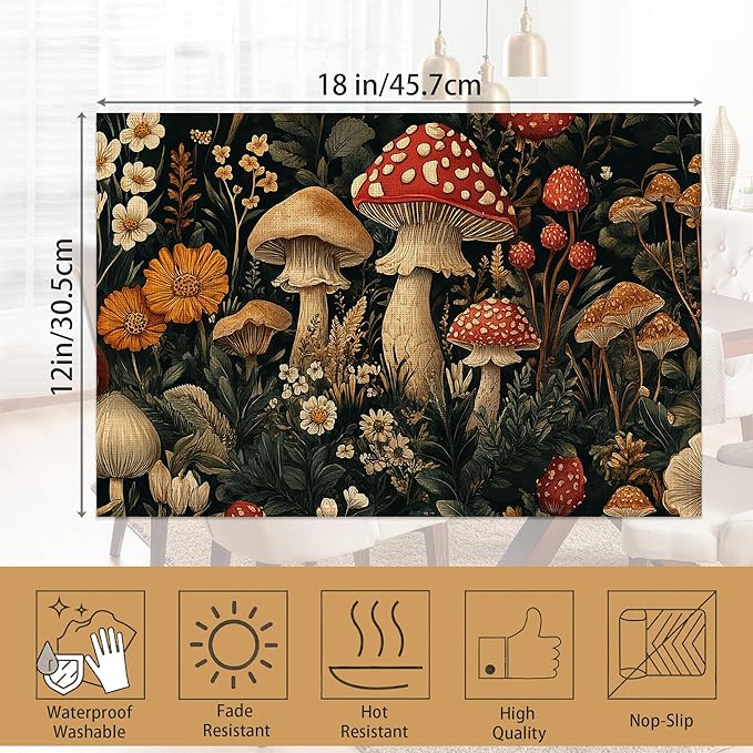 6 Pcs Placemats,Retro Mushroom Placemats,Daisy Table Mats Washable Recyclable Table Placemat for Indoor Outdoor Heat Resistant Kitchen Dining 12"x18"