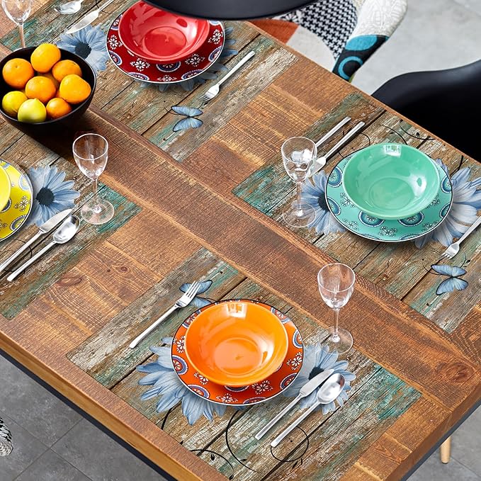 Giwawa Rustic Daisy Placemats Set of 4- Blue Sunflowers on Vintage Wood Board Linen Place Mat- Farmhouse Wooden Washable Heat Resistant Table Mats for Kitchen Dining Cabin Lodge Decor