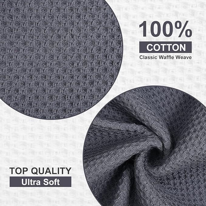 Kitinjoy 100% Cotton Kitchen Dish Cloths (12 X 12 Inches, Dark Grey), 12 Pack Waffle Weave Ultra Soft Absorbent Dish Towels for Drying Dishes Quick Drying Kitchen Towels Dish Rags