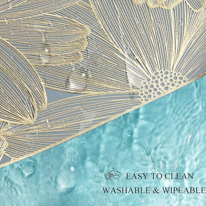 Gold Placemats Set of 6 Rectangle Pressed Vinyl Table Mats Heat Resistant Non-Slip Washable Wipeable Place Mats for Dining Table Indoor Outdoor Flower Dinner Placemats