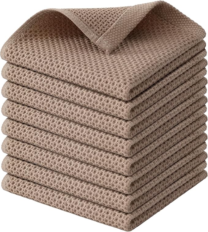 Kitinjoy 100% Cotton Kitchen Dish Cloths (12 X 12 Inches, Tan), 8 Pack Waffle Weave Ultra Soft Absorbent Dish Towels for Drying Dishes Quick Drying Kitchen Towels Dish Rags