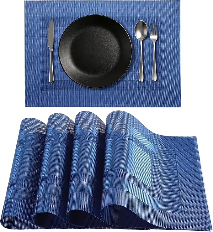 Timeet Blue Placemats Set of 4, Heat Resistant Non-Slip Place Mats, Durable Washable PVC Vinyl Woven Table Mats, Wipeable Placemats for Dining Table Easy to Clean