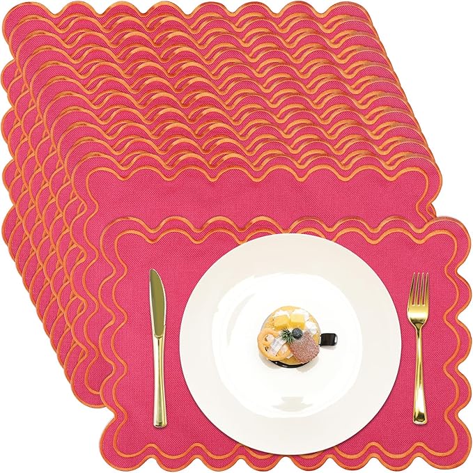 Linen Placemats Set of 12 Scalloped Placemat 13 X19 Wavy Embroidery Double Layered Washable Farmhouse Dinner Fabric Table Mat Napkin for Wedding Party Christmas Hotel Restaurant(Rose Pink)