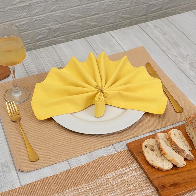 Blue Needles Solid Cloth Napkins Set of 6 Lemon Yellow 100% Cotton Dinner Napkins 18x18 inches - Spring Summer Easter - Soft, Reusable, Absorbent & Washable Linen, Ideal for Parties & Everyday Use