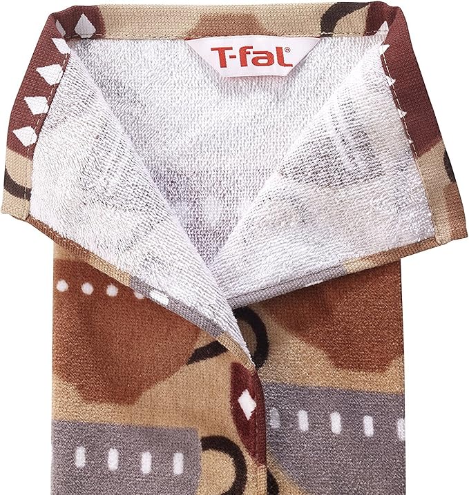T-Fal Fiber Reactive Print Kitchen Towels: Highly Absorbent, Super Soft - 100% Cotton, 16"x28" Dish Towels for Cleaning & Drying Dishes, Pans, Glassware, or Countertops, 2-Pack, Coffee