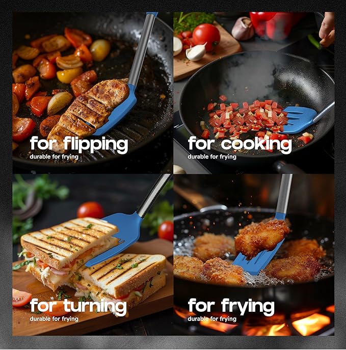 BakeRoyal Silicone Spatula Set - Turner Spatulas Silicone Heat Resistant 600°F - Slotted & Solid Spatula for Cooking Fish, Eggs, Pancakes Flipper – Spatulas for kitchen use – Blue