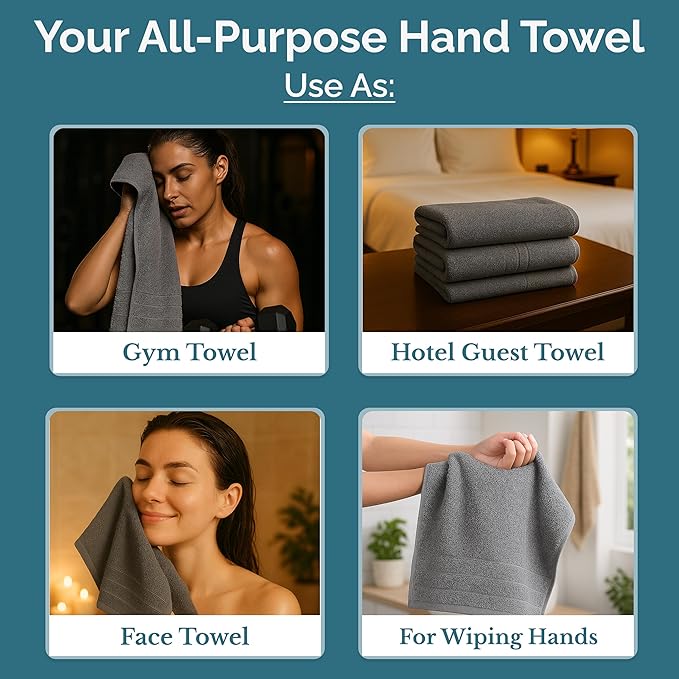 CASA PLATINO Hand Towels for Bathroom - 4 Pack (16"x28"), 100% Cotton Face Towel Set - Soft, Fade & Shrink Resistant - Hotel & Spa Inspired Hand Towels for Bathroom for Modern Family Homes - Cool Grey