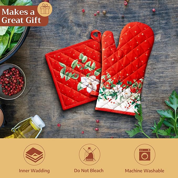 Maison d' Hermine Oven Gloves 100% Cotton Oven Mitt 7" x 13" with Loop Heat Resistant BBQ Cooking Gloves for Thanksgiving Christmas Decorations Baking Handling Hot Pans (Pack of 1, Noel)