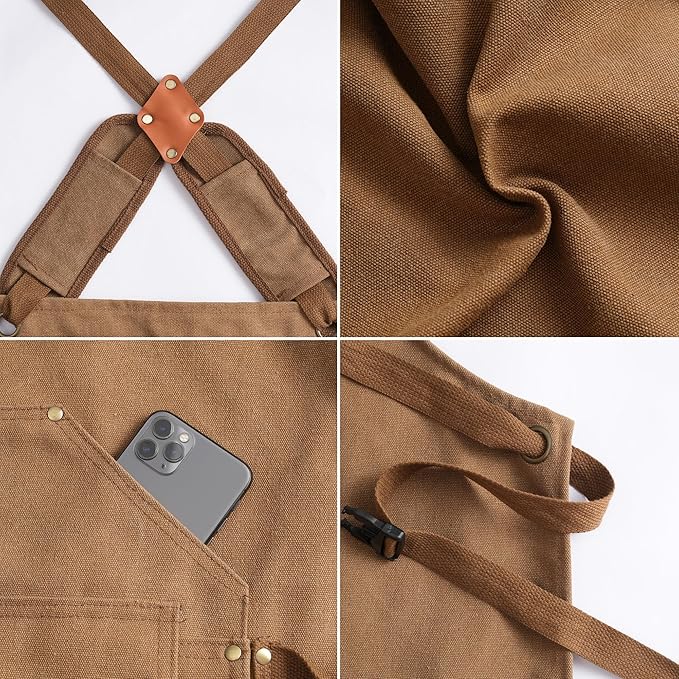 Tosewever Work Aprons for Men with Large Pockets, Canvas Cross Back Heavy Duty Adjustable Tool Aprons for Chef Cooking BBQ