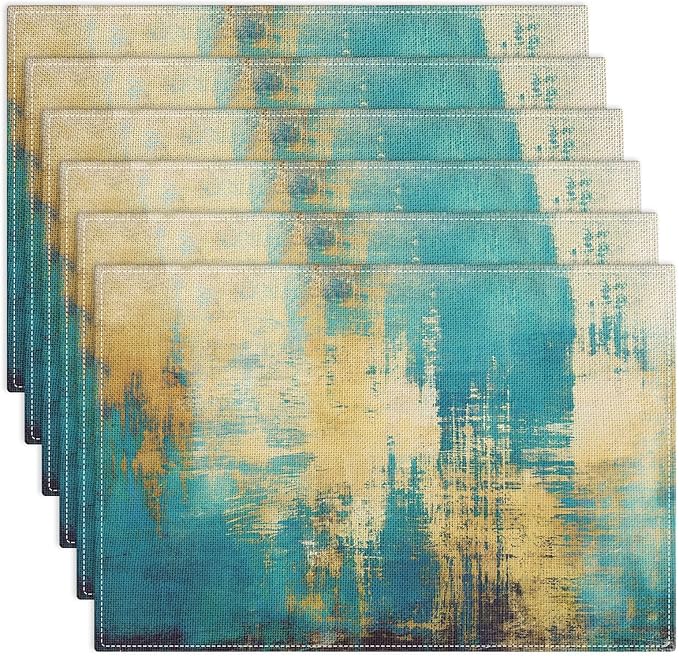 Emvency Farmhouse Placemats Set of 6, Abstract Teal Modern Gold Blue 12x18 Inch Linen Rectangular Place Table Mats for Indoors & Outdoor Home Party Kitchen Dining Decoration