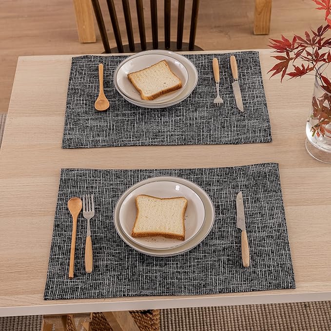 Kevin Textile Halloween Burlap Linen Placemats Set of 6 Heat Resistant Dining Table Place Mats Washable Kitchen Table Mats for Dinning Party Holiday Indoor Outdoor, 13 x19 inches, Black