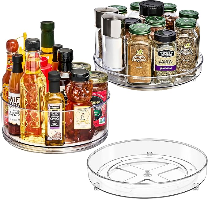Sorbus 9 Inch Clear Lazy Susan Organizer Set, 2 Flat Turntable Organizer for Spice Organization for Cabinet, 1 Tall Lazy Susan for Kitchen, Home, Office, Closet, Classroom, Laundry Room Organization