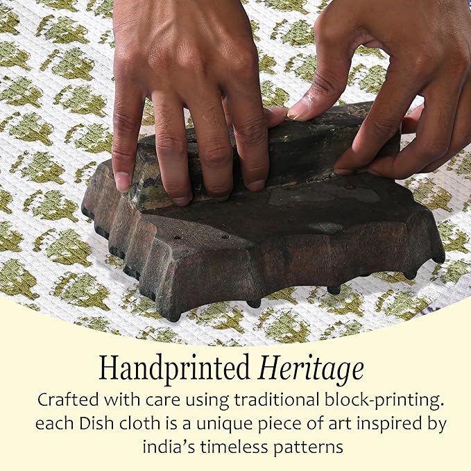 CPC Emerald Green Hand Block Printed Cotton Waffle Dish Cloth Set of 12-12x12 Inch Super Absorbent, Soft, Reusable Kitchen Towels for Dish Drying & Cleaning Ideal for Spring, Mother's Day