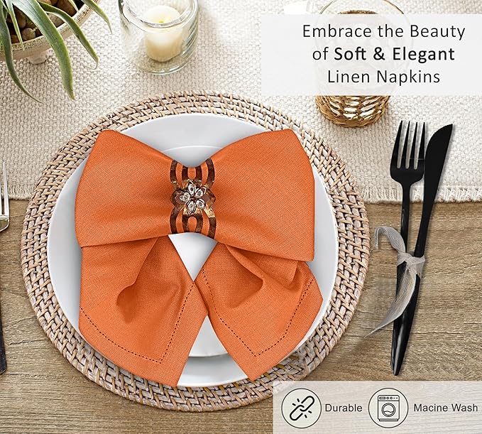 Ruvanti Premium Linen Napkins Set of 12-20x20 Inch, Classic Hemstitch, Mitered Corner Cloth Napkins - Soft, Elegant Dinner Napkins Cloth Washable for Weddings, Parties, Everyday Use - Fall/Orange