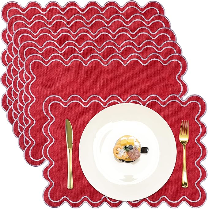 HunnmingRe Set of 6 Cotton Linen Placemats, 13x19 Inch Scalloped Wavy Embroidery Placemat Double Layered Washable Rustic Rectangle Dinner Table Mats for Wedding Home Decor(Red with White)