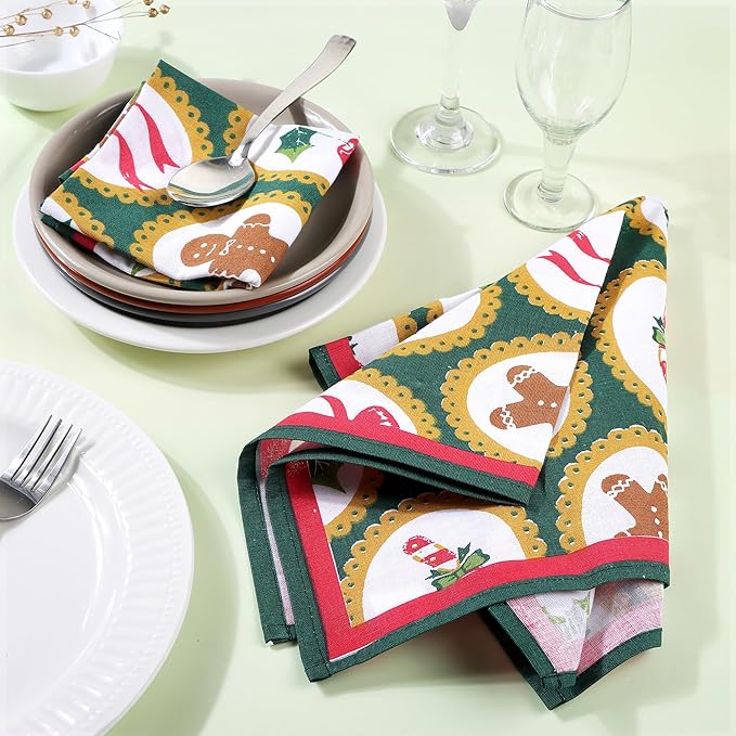 FINGERCRAFT Cloth Napkins, Set of 12 Cotton Linen Blend Printed Dinner Napkins Cloth Mitered Corner Perfect for Parties Dinners Christmas 20x20 Vintage