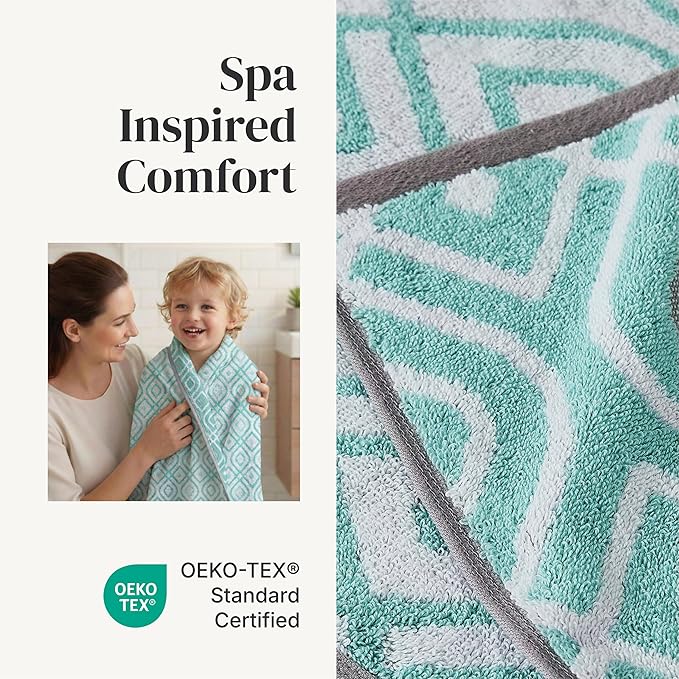 Modern Threads Classic Diamond 6-Piece 100% Cotton Towel Set – Yarn Dyed Jacquard – Includes 2 Bath Towels, 2 Hand Towels, 2 Washcloths – Absorbent, Quick Dry, Soft & Durable – Aqua