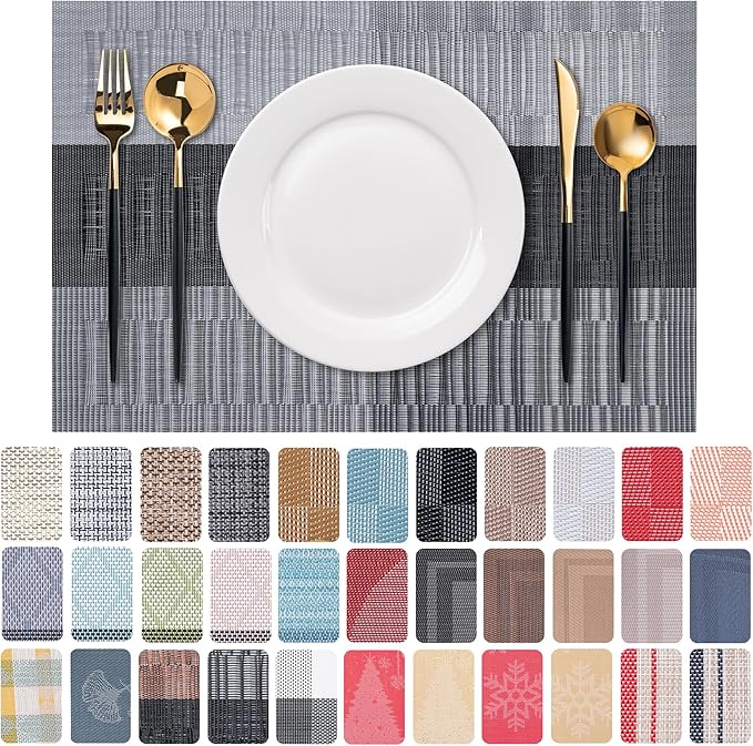 Placemats Set of 6 Washable Indoor/Outdoor Vinyl Place Mats for Dining Table Durable Non-Slip Heat Resistant PVC Weave Table Mats(Gray Black)
