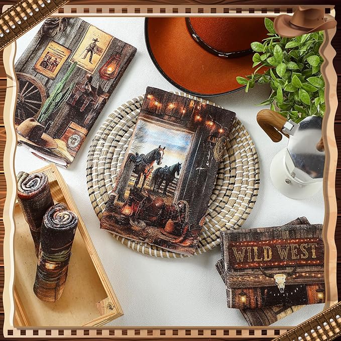 Breling 6 Pcs Western Cowboy Scene Kitchen Towel Wooden House Barn Vintage Themed Dish Towel Bathroom Decorative Rustic Cloths for Kitchen Bathroom Home Housewarming Gift 14 x 21 Inch