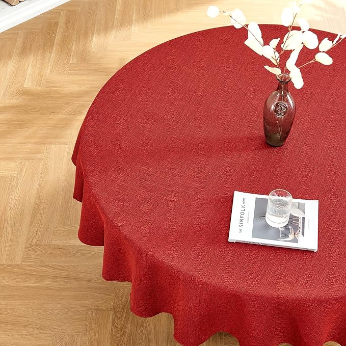 BALCONY & FALCON Round Tablecloth Washable Wrinkle Resistant and Water Proof Table Cloth Decorative Linen Fabric Tablecloths for Valentines Day Dining Kitchen Wedding Outdoor Use(Buby Red, 107" Round)