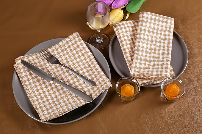 Native Fab Gingham Mini Check Cloth Napkins, Set of 12, 16x16 inches, 100% Cotton, Set of 12, Washable Soft Breathable Absorbent, Beige White