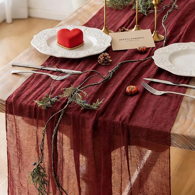 Keketoarrange 3pcs Burgundy Table Runner Red Table Runner Cheesecloth Gauze 120 Inch 10 FT Rustic Boho Cheese Cloth Runner for Wedding Baby Bridal Shower Party Long Sheer Spring Home Decorations