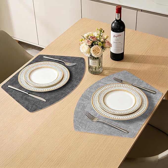Round Table Placemats Set of 4, Dual-Sided Wedge Shape Faux Leather Table Mats, Washable Wipeable Heat Resistant Place Mats for Outdoor Indoor, Light Gray/Gray