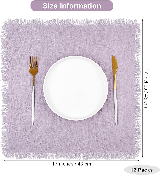 TURSTIN 12 Pieces Cotton Linen Cloth Napkin Handmade Cloth Napkin with Fringe 17 x 17 Inch Soft Dinner Wedding Napkins Square Rustic Fringe Table Napkins for Dinners, Parties, Lavender Purple