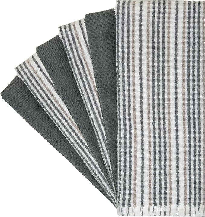 Kitchen Towels 16”x 26” - 6 Pack | Large Cotton Dish Towels | Popcorn Stripe Design | 430 GSM Highly Absorbent with Hanging Loop | Gray