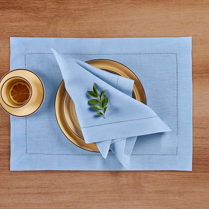 Solino Home Linen Cloth Napkins Set of 4-100% Pure Linen Cornflower Blue Dinner Napkins 20 x 20 Inch - Classic Hemstitch, Handcrafted and Machine Washable - Spring, Summer, Mothers Day