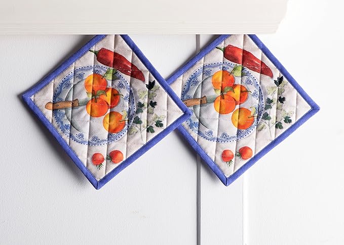 Maison d' Hermine Pot Holders 100% Cotton Heat Resistant Potholders 8" x 8" Hot Pads with Loop BBQ Cooking Baking Gifts for Mothers Day Handling Hot Pans Spring/Summer (Pack of 2, Gourmand)