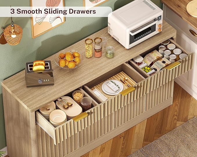 usikey Large Buffet Cabinet with Storage & Drawers, Sideboard Cabinet with 2 Adjustable Shelves & 4 Doors, Coffee Bar Station, Kitchen Storage Cabinets, Natural