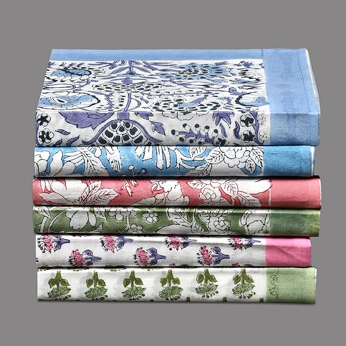 CPC Mix Border Indian Block Print Cotton Cloth Napkins Set of 4, 18x18 Reusable Everyday Napkins, Soft, Absorbent, Floral Dinner Napkin, Holiday, Party Gift, Spring,Mother's Day
