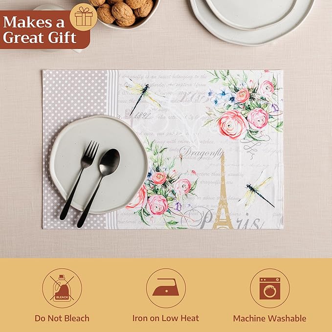 Maison d' Hermine Placemats Set of 2 100% Cotton Washable Cloth Place Mats Reusable Table Mats for Kitchen Dining Party Wedding Gifts for Mothers Day Spring/Summer (Champ De Mars, 13" x 19")