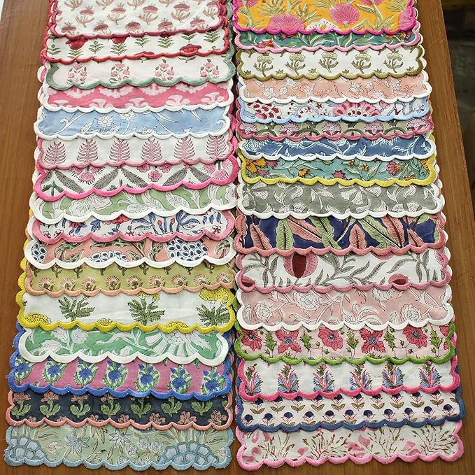 Ridhi Hand Block Print Assorted 18" x 18" (Set of 8) Embroidery Table Napkins Reusable Cotton Dinner Napkins for Weddings, Parties, Everyday Dining Gift for Spring, Easter, Valentine