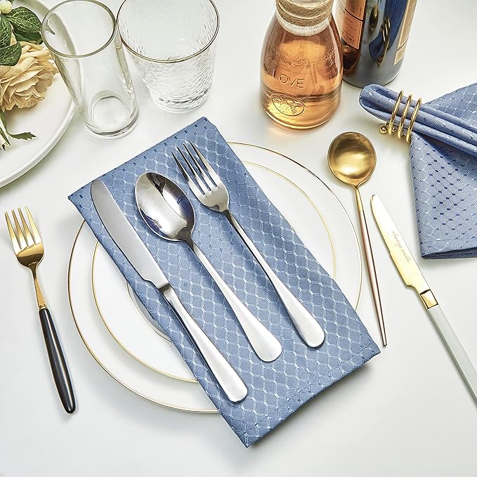 Cloth Napkins Set of 8 – Square 17x17 Inch Jacquard Fabric Polyester Washable Reusable Cloth Napkins for Kitchen Dinner Dining Restaurants Wedding Party Banquet Table (Light Blue)