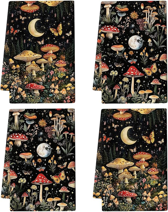 Mushroom Moth Kitchen Towels Decorative Set of 4, Witchy Dish Towels Absorbent Hand Drying Cloth for Cooking Baking, Mushroom Witchy Gifts for Women 16"x24", Black Kitchen Decor