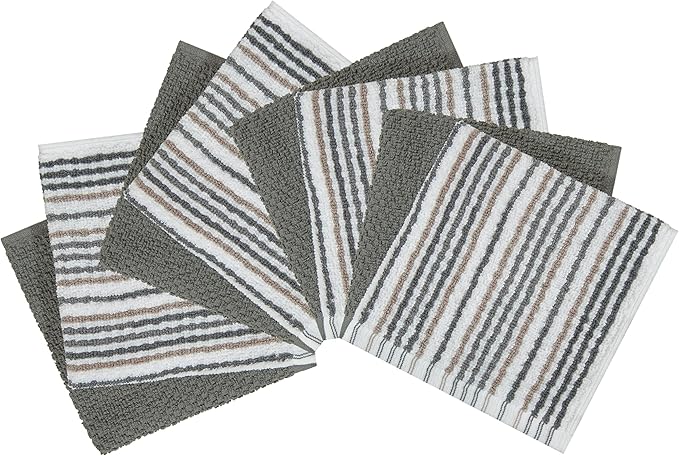 Bumble Towels Premium Dish Cloths 12"x12" | 100% Natural Ring Spun Cotton Tea Towel Set | 430 GSM | Highly Absorbent & Soft | 8 Pack - 4 Popcorn Striped & 4 Solid Kitchen Towels - Gray