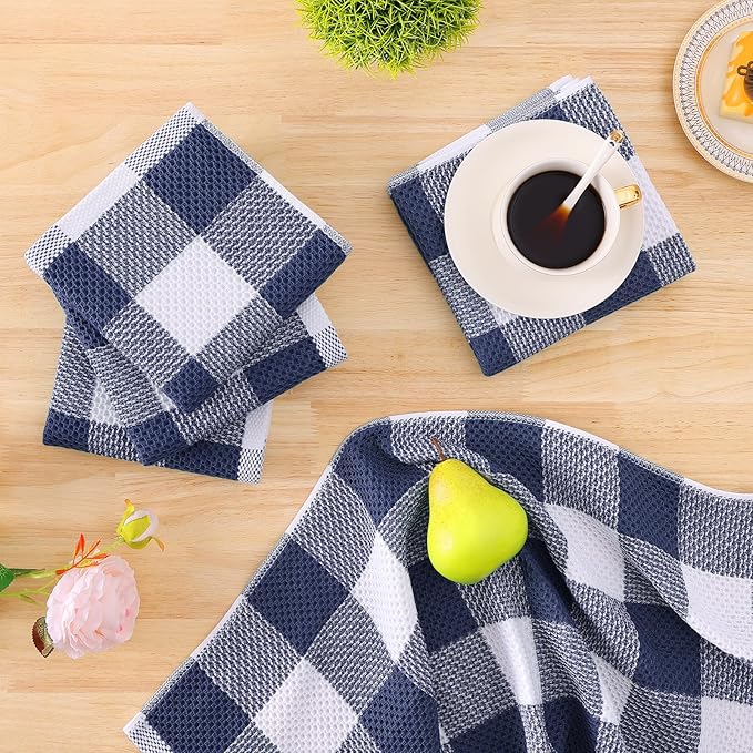 Homaxy Kitchen Towels and Dishcloths Set, 12 x 12 and 13 x 28 Inches, Set of 10 100% Cotton Waffle Weave Check Plaid Kitchen Dish Towels, Super Soft and Absorbent Dish Cloths, White & Navy Blue